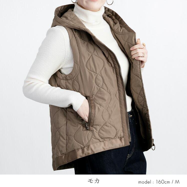 【送料無料】 BIG ZIP使いキルティングベスト 4色 M-LL 中綿 洗える レディース アウター ベスト フード付き 袖なし 保温性 |  | 04