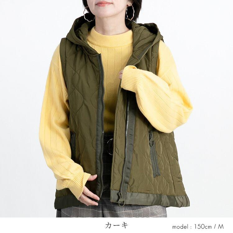 【送料無料】 BIG ZIP使いキルティングベスト 4色 M-LL 中綿 洗える レディース アウター ベスト フード付き 袖なし 保温性 |  | 07