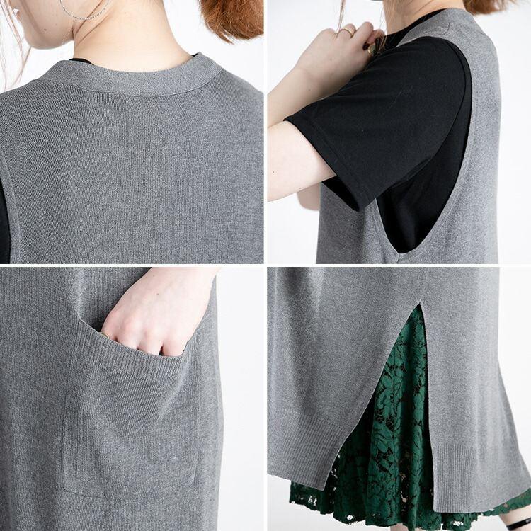 【送料無料】 前ボタン付き サイドスリットニットジレ 4色 洗える M L  トップス ニット ベスト ジレ ロングジレ レディース ハイゲージニット Vネック |  | 15