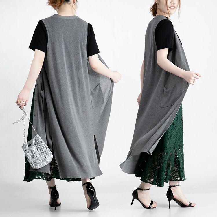 【送料無料】 前ボタン付き サイドスリットニットジレ 4色 洗える M L  トップス ニット ベスト ジレ ロングジレ レディース ハイゲージニット Vネック |  | 07