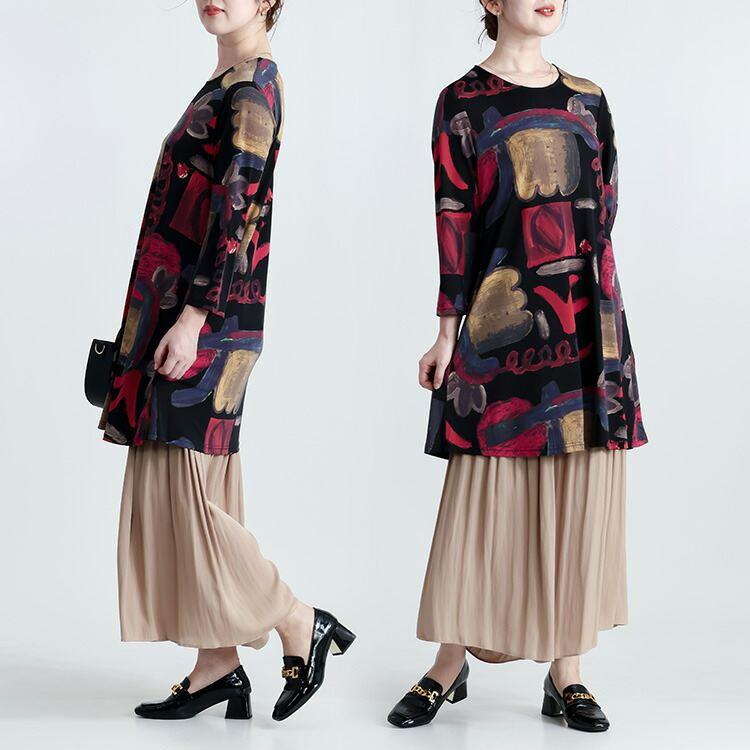 【送料無料/再入荷】 華やか柄チュニック 5色 M L 洗える 七分袖 レディース トップス カットソー プルオーバー チュニック Aライン ストレッチ プリント |  | 15