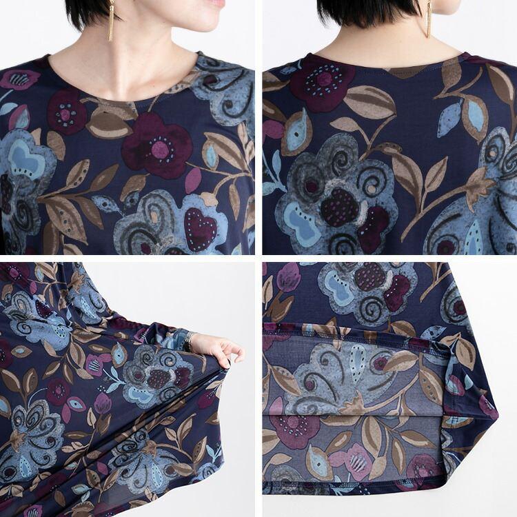 【送料無料/再入荷】 華やか柄チュニック 5色 M L 洗える 七分袖 レディース トップス カットソー プルオーバー チュニック Aライン ストレッチ プリント |  | 16