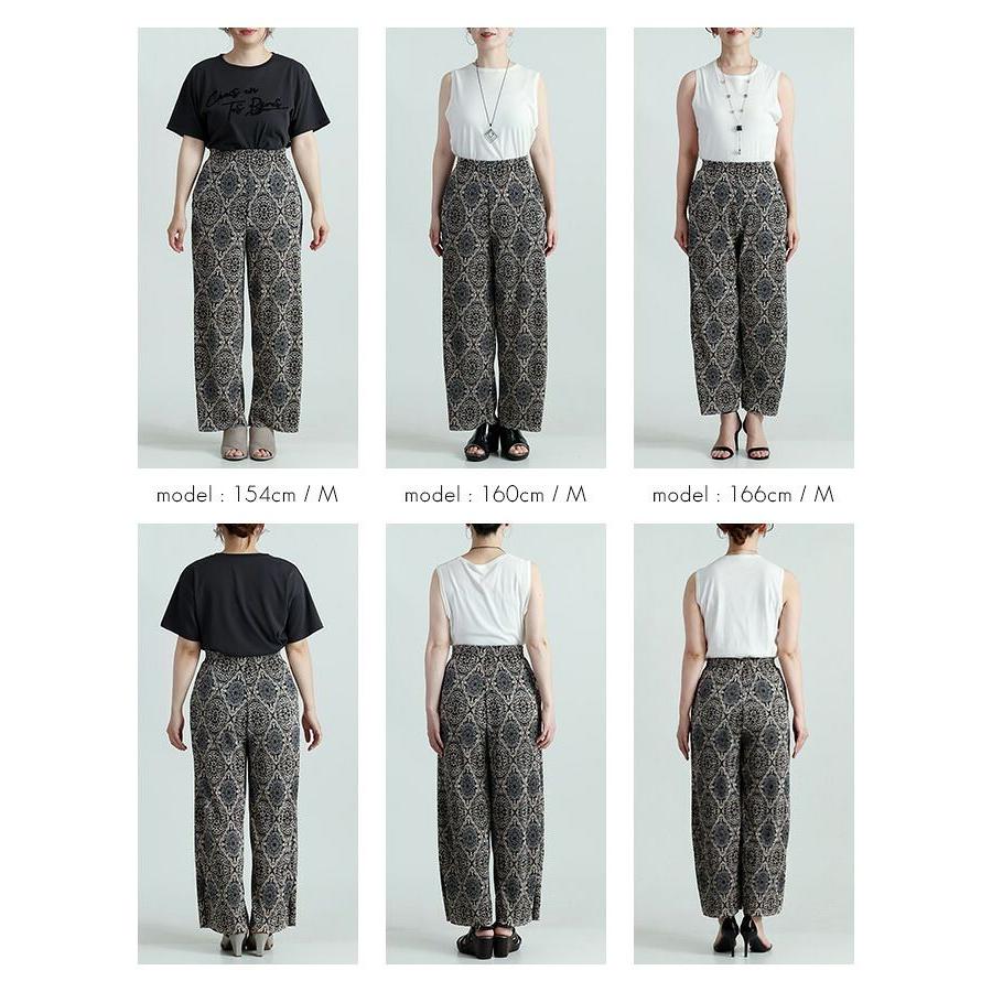 【送料無料/再入荷】オリエンタル柄プリーツパンツ M L 洗える フルレングス レディース ボトムス ワイドパンツ ストレッチ プリーツ 楽ちん 上品 大人 脚長効果 |  | 16
