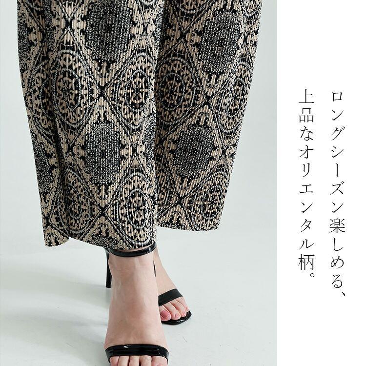 【送料無料/再入荷】オリエンタル柄プリーツパンツ M L 洗える フルレングス レディース ボトムス ワイドパンツ ストレッチ プリーツ 楽ちん 上品 大人 脚長効果 |  | 09