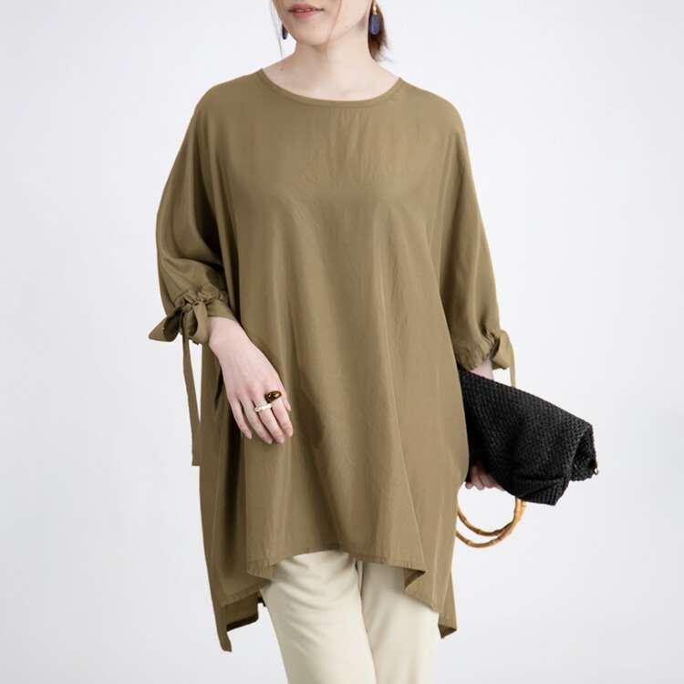 【送料無料/紺、黒のみ再入荷】 リボン袖2点セット 洗える レディース トップス ブラウス チュニック パンツ ストレッチ アンサンブル セットアップ 春夏秋 |  | 10