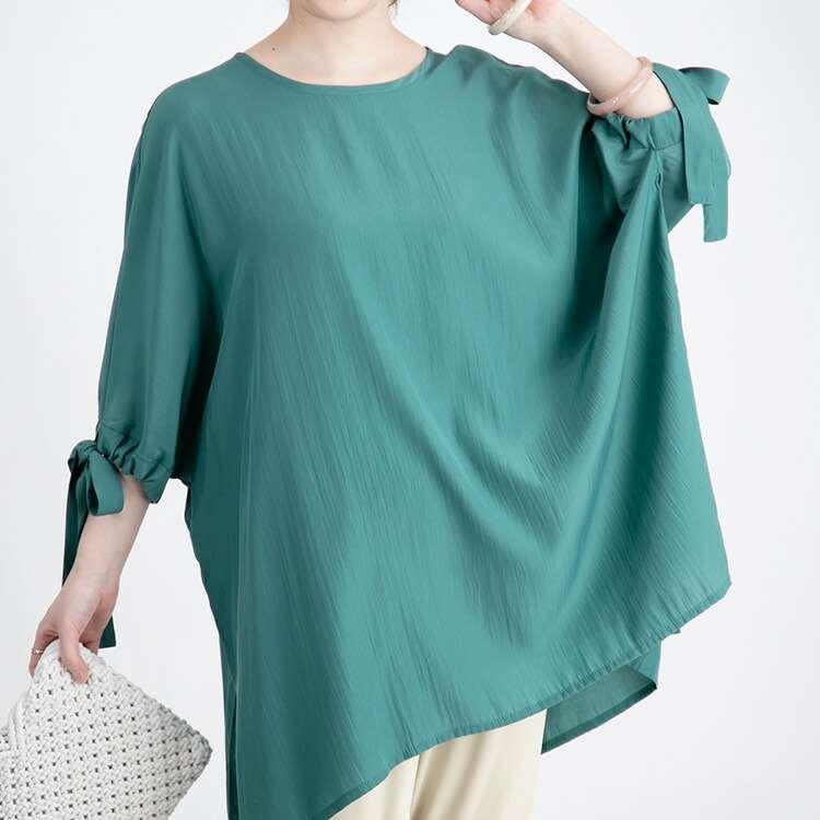 【送料無料/紺、黒のみ再入荷】 リボン袖2点セット 洗える レディース トップス ブラウス チュニック パンツ ストレッチ アンサンブル セットアップ 春夏秋 |  | 12