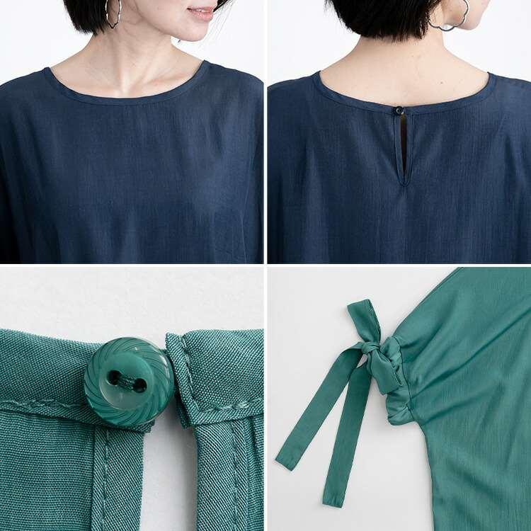 【送料無料/紺、黒のみ再入荷】 リボン袖2点セット 洗える レディース トップス ブラウス チュニック パンツ ストレッチ アンサンブル セットアップ 春夏秋 |  | 16