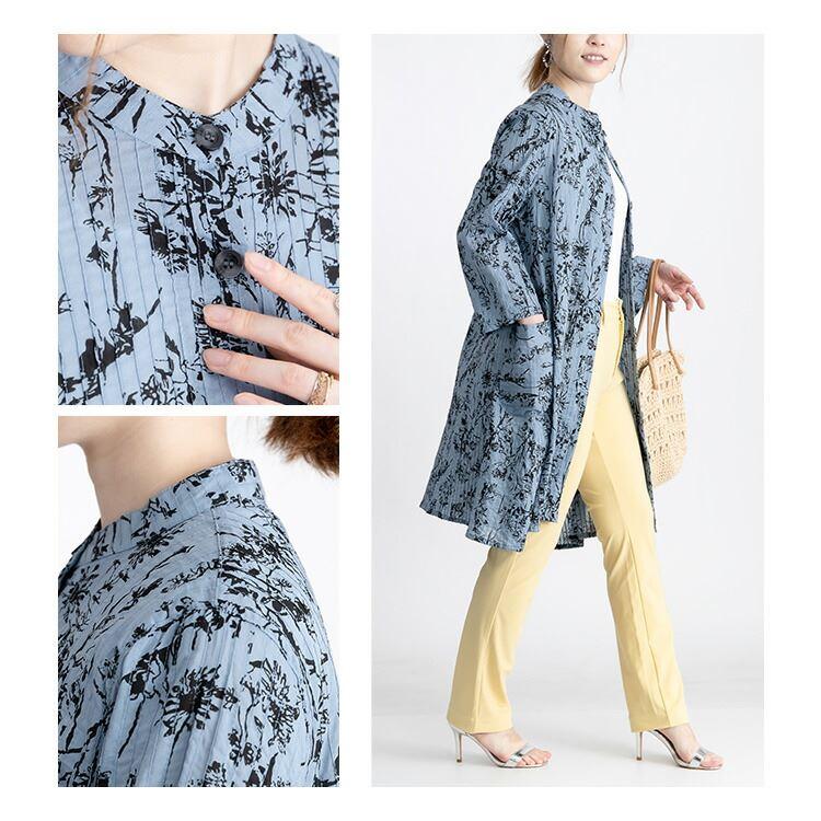 【送料無料】 植物プリント ピンタック シャツ ワンピース 5色 洗える レディース ワンピース ロングチュニック 前あき ボタン留め |  | 10