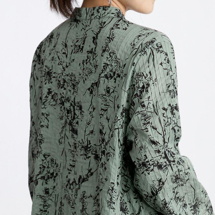 【送料無料】 植物プリント ピンタック シャツ ワンピース 5色 洗える レディース ワンピース ロングチュニック 前あき ボタン留め |  | 12