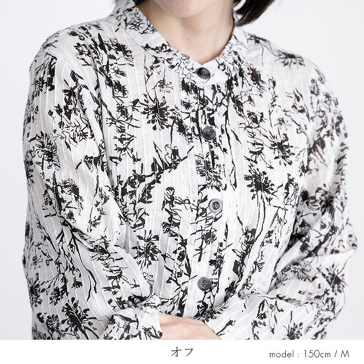 【送料無料】 植物プリント ピンタック シャツ ワンピース 5色 洗える レディース ワンピース ロングチュニック 前あき ボタン留め |  | 05