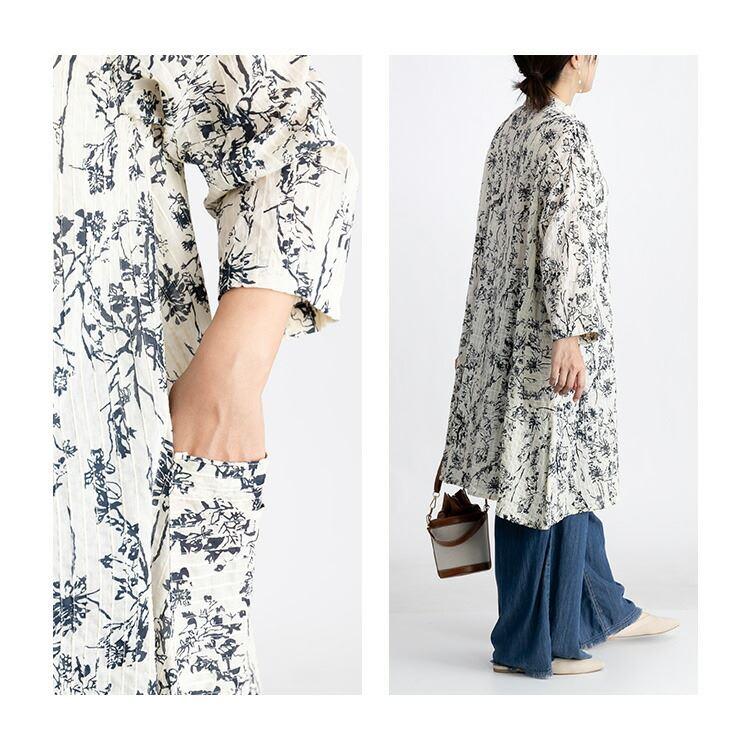 【送料無料】 植物プリント ピンタック シャツ ワンピース 5色 洗える レディース ワンピース ロングチュニック 前あき ボタン留め |  | 08