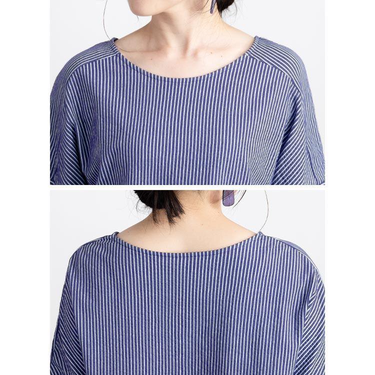 【送料無料/再入荷】 夏映えストライププルオーバー 4色 M L 洗える 半袖 ドルマンスリーブ レディース トップス チュニック カットソー 楽ちん クルーネック |  | 12