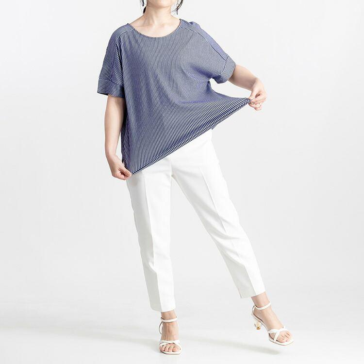 【送料無料/再入荷】 夏映えストライププルオーバー 4色 M L 洗える 半袖 ドルマンスリーブ レディース トップス チュニック カットソー 楽ちん クルーネック |  | 09