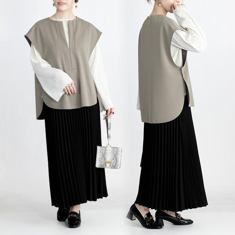 【送料無料/日本製】 スリットベスト 4色 ダンボールニット 洗える 上品 レディース トップス ショートベスト チュニック ゆったり |  | 09