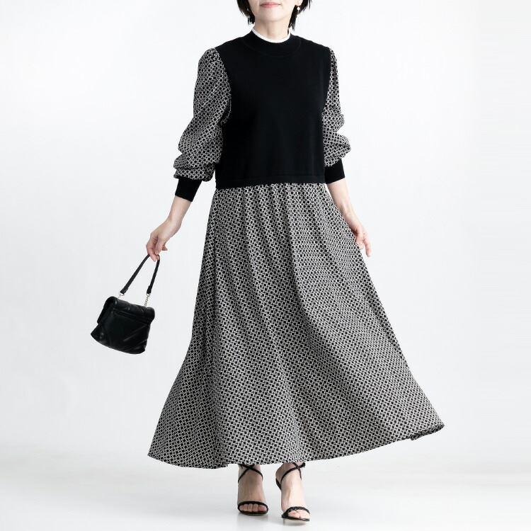 【大幅値下】ニット×布帛ドッキングワンピース M-L 洗える 長袖 レディース ワンピース ロングワンピース コーデいらず 時短 オシャレ 体型カバー 0309 |  | 13