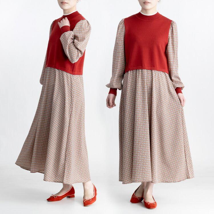 【大幅値下】ニット×布帛ドッキングワンピース M-L 洗える 長袖 レディース ワンピース ロングワンピース コーデいらず 時短 オシャレ 体型カバー 0309 |  | 09