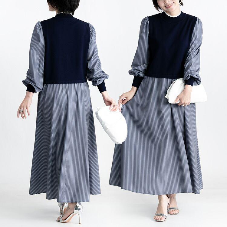 【送料無料】 ニット×布帛使いワンピース M-L 洗える 長袖 レディース ワンピース ロングワンピース 時短 体型カバー 春秋冬 1309 |  | 14