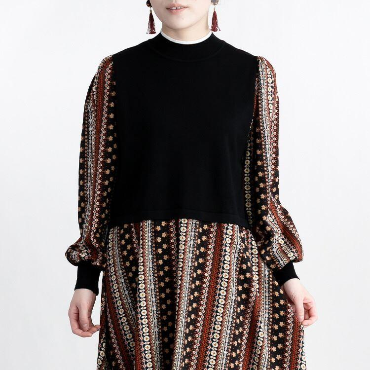 【送料無料】 ニット×布帛使いワンピース M-L 洗える 長袖 レディース ワンピース ロングワンピース 時短 体型カバー 春秋冬 1309 |  | 06