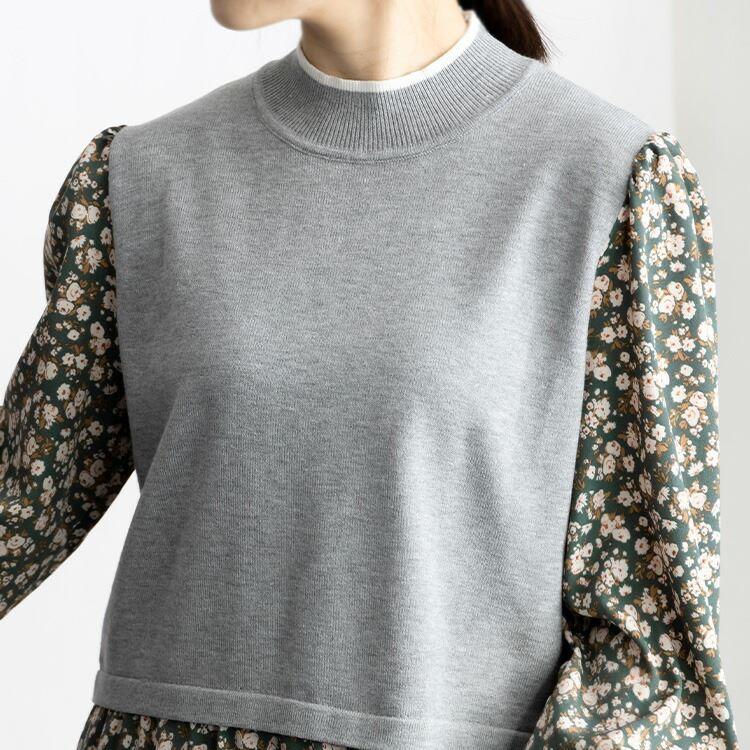 【送料無料】 ニット×布帛使いワンピース M-L 洗える 長袖 レディース ワンピース ロングワンピース 時短 体型カバー 春秋冬 1309 |  | 08