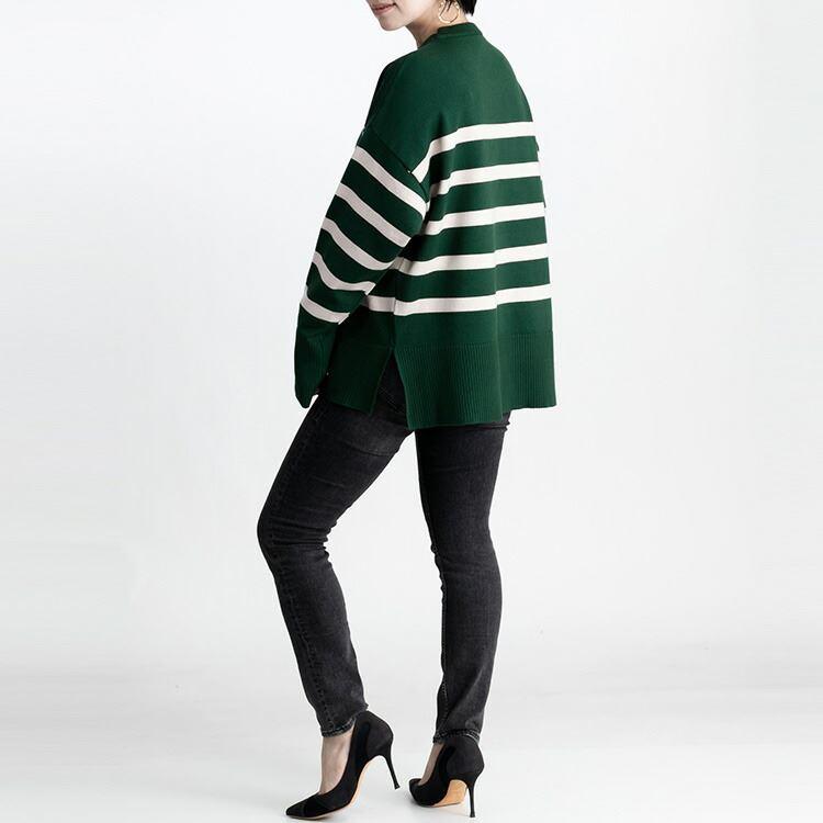 【送料無料/再入荷】 ボーダーワイドニット 5色 M-L 洗える レディース トップス ニット ボーダー デザインニット プルオーバー クルーネック 長袖 前後差 |  | 13