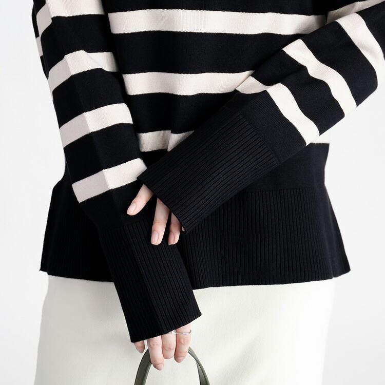 【送料無料/再入荷】 ボーダーワイドニット 5色 M-L 洗える レディース トップス ニット ボーダー デザインニット プルオーバー クルーネック 長袖 前後差 |  | 15