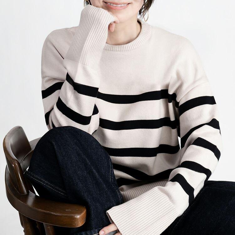 【送料無料/再入荷】 ボーダーワイドニット 5色 M-L 洗える レディース トップス ニット ボーダー デザインニット プルオーバー クルーネック 長袖 前後差 |  | 07