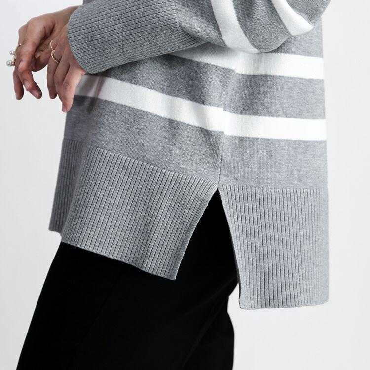 【送料無料/再入荷】 ボーダーワイドニット 5色 M-L 洗える レディース トップス ニット ボーダー デザインニット プルオーバー クルーネック 長袖 前後差 |  | 09