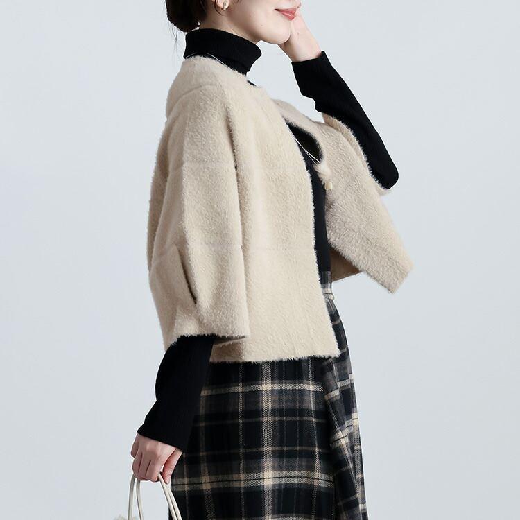 【送料無料】 フェザーニットカーディガン 5色 M-L ネックレス付き 洗える 七分袖 レディース アウター カーディガン ボレロ トッパー 起毛 シャギー 春秋冬 |  | 09