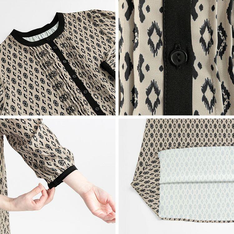 【送料無料/再入荷】 オリエンタル柄ピンタックワンピース 3色 M-L 洗える 八分袖 レディース トップス ワンピース Aライン ラウンドネック 総柄 お出かけ |  | 13