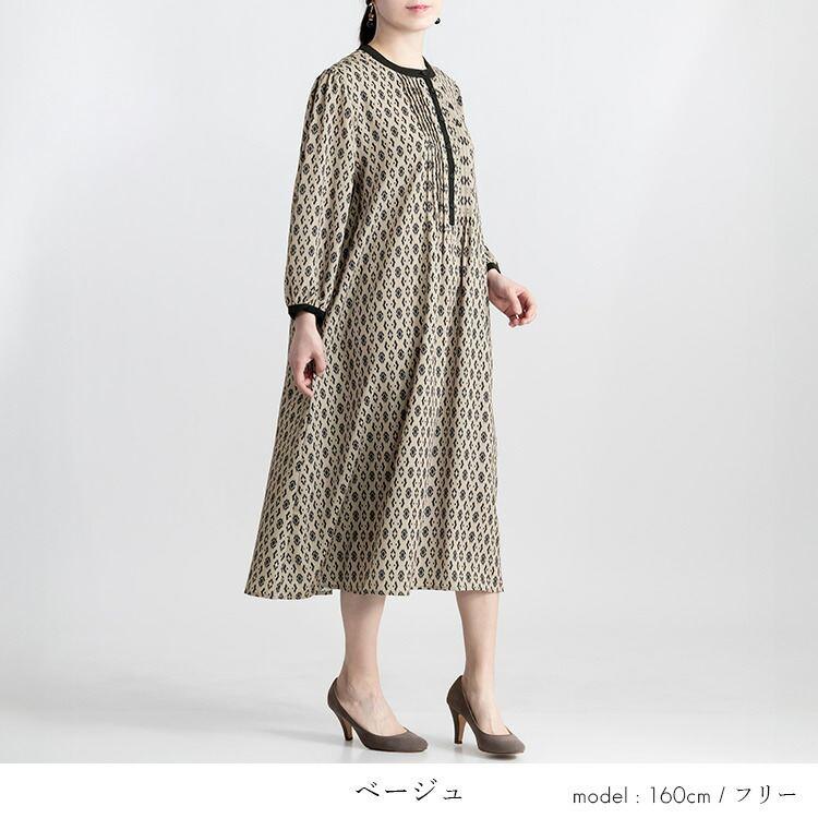 【送料無料/再入荷】 オリエンタル柄ピンタックワンピース 3色 M-L 洗える 八分袖 レディース トップス ワンピース Aライン ラウンドネック 総柄 お出かけ |  | 06