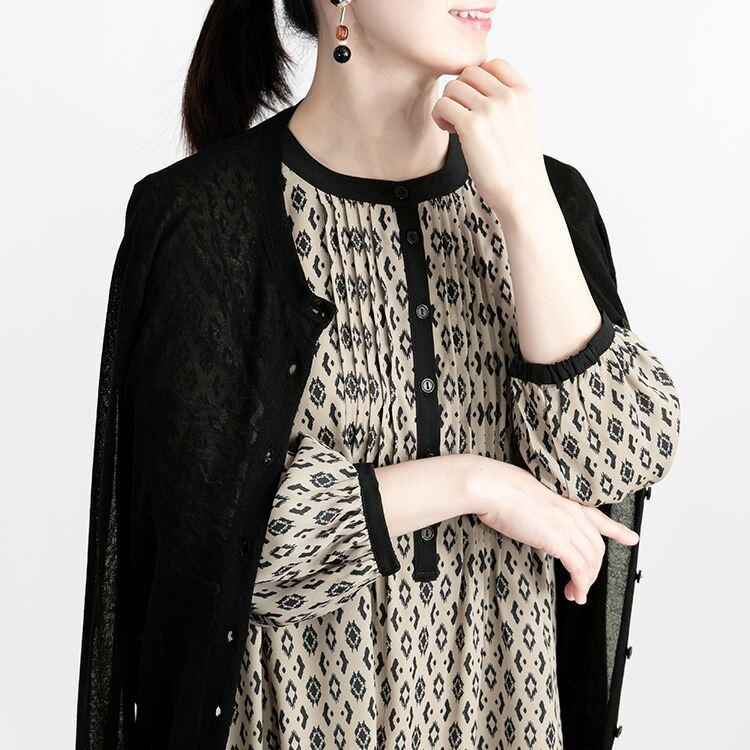 【送料無料/再入荷】 オリエンタル柄ピンタックワンピース 3色 M-L 洗える 八分袖 レディース トップス ワンピース Aライン ラウンドネック 総柄 お出かけ |  | 07