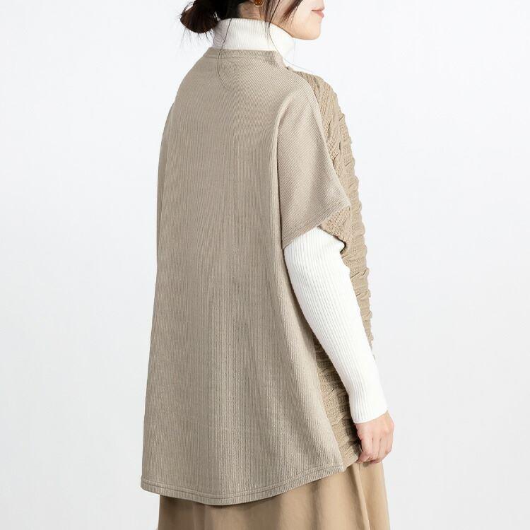 【送料無料】 ケーブル編み風異素材切替チュニック 5色 M L 洗える 半袖 レディース トップス チュニック プルオーバー 重ね着 春秋 |  | 06