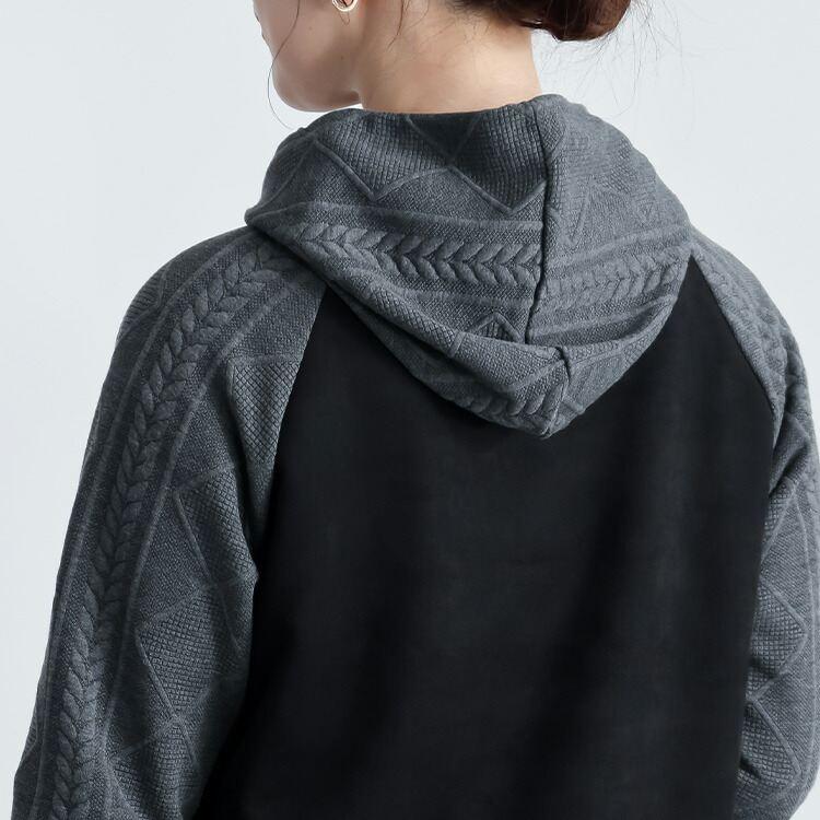 【再入荷】【送料無料】 異素材使いパーカー 3色 M L 洗える 長袖 レディース トップス パーカー チュニック プルオーバー ニット フード ラグラン袖 スエード |  | 12