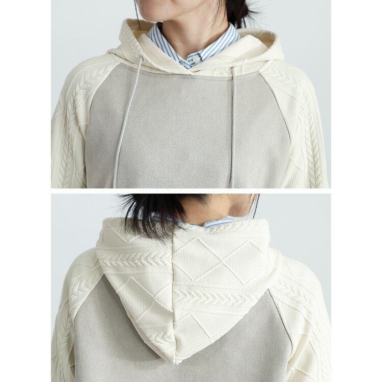 【再入荷】【送料無料】 異素材使いパーカー 3色 M L 洗える 長袖 レディース トップス パーカー チュニック プルオーバー ニット フード ラグラン袖 スエード |  | 13