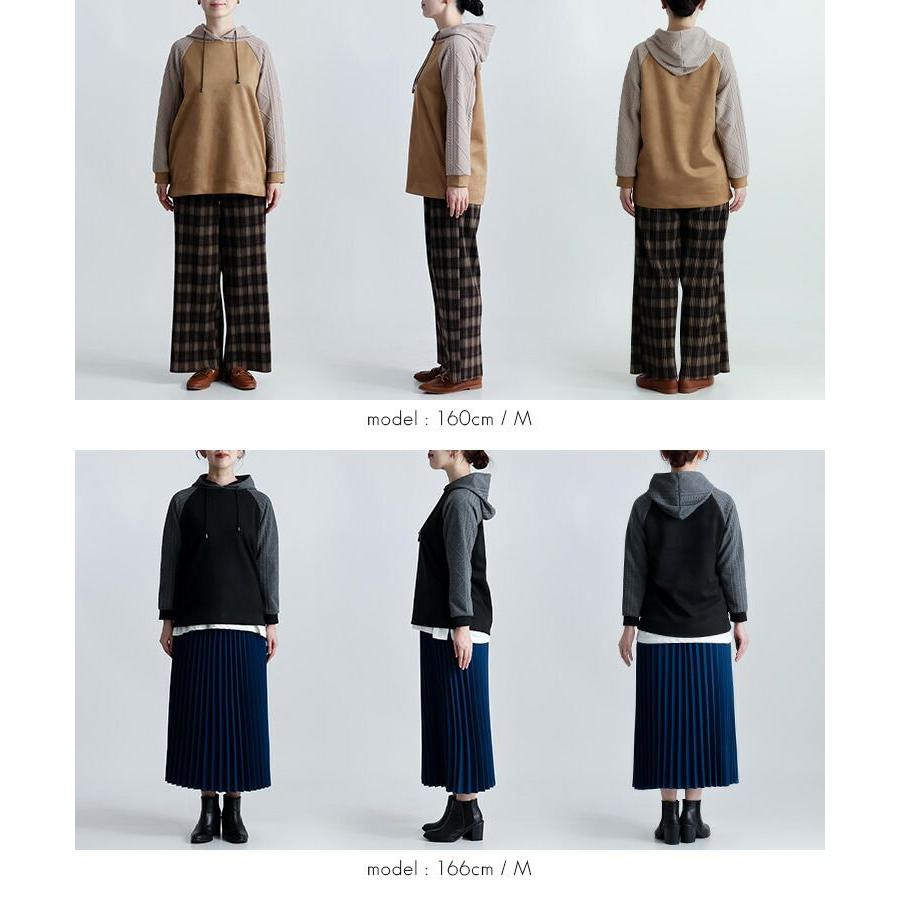 【再入荷】【送料無料】 異素材使いパーカー 3色 M L 洗える 長袖 レディース トップス パーカー チュニック プルオーバー ニット フード ラグラン袖 スエード |  | 16