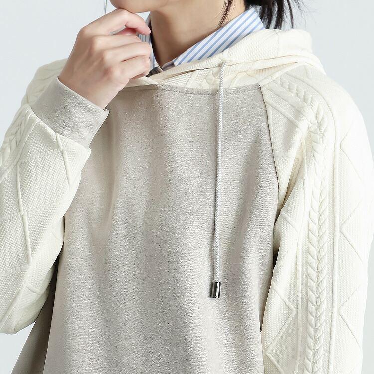 【再入荷】【送料無料】 異素材使いパーカー 3色 M L 洗える 長袖 レディース トップス パーカー チュニック プルオーバー ニット フード ラグラン袖 スエード |  | 05