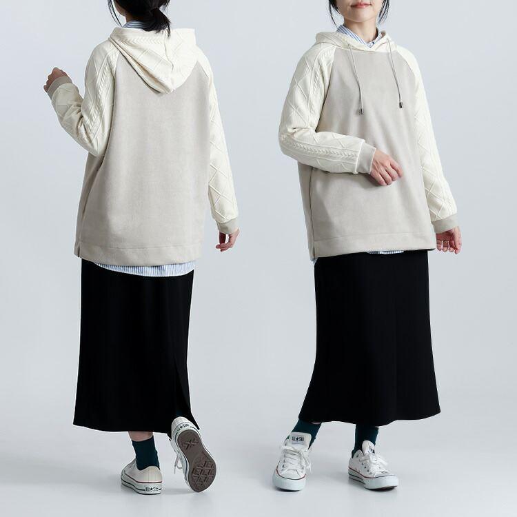 【再入荷】【送料無料】 異素材使いパーカー 3色 M L 洗える 長袖 レディース トップス パーカー チュニック プルオーバー ニット フード ラグラン袖 スエード |  | 06