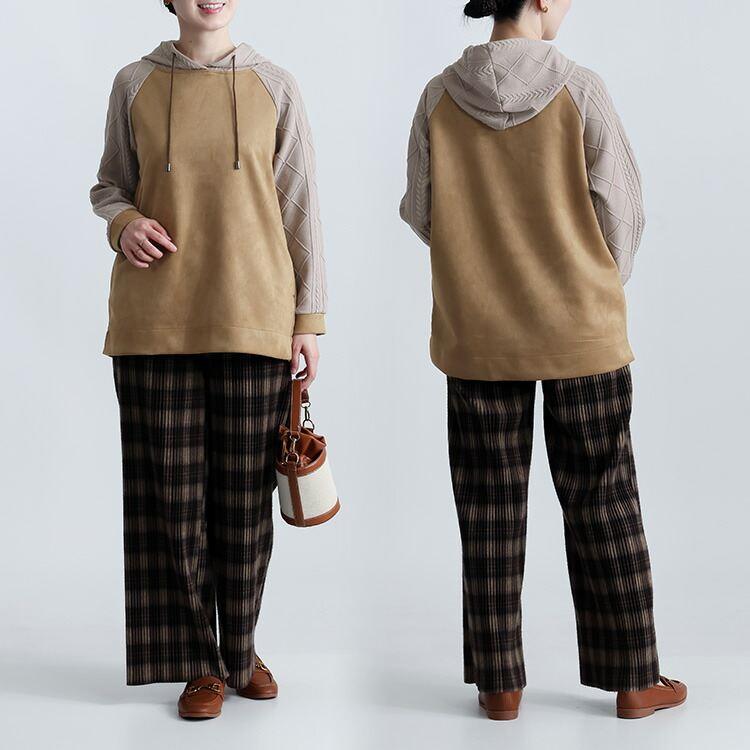 【再入荷】【送料無料】 異素材使いパーカー 3色 M L 洗える 長袖 レディース トップス パーカー チュニック プルオーバー ニット フード ラグラン袖 スエード |  | 08