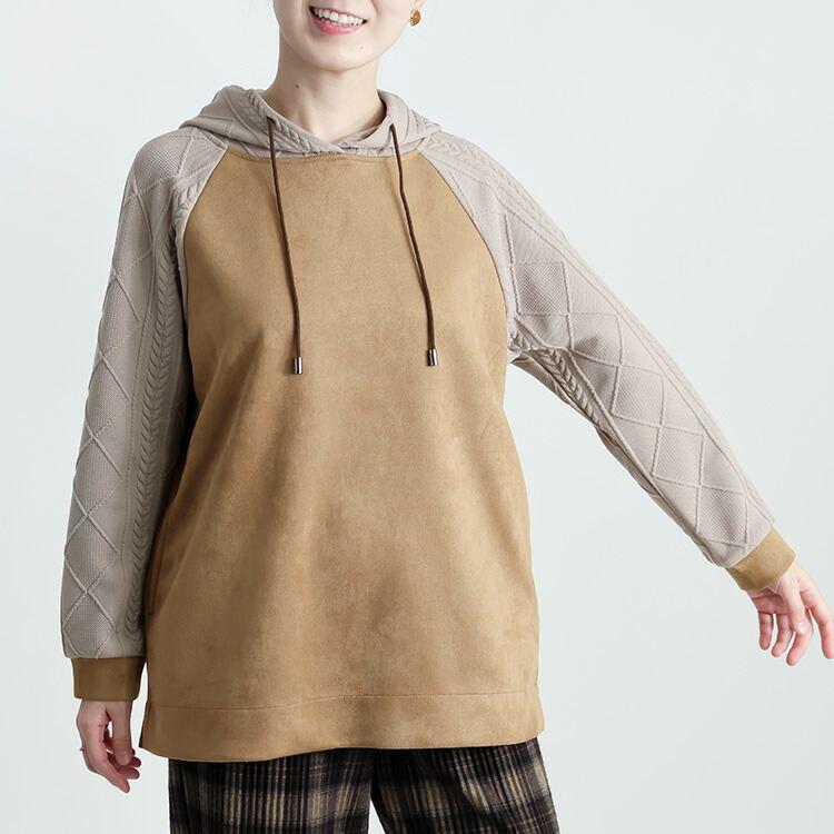 【再入荷】【送料無料】 異素材使いパーカー 3色 M L 洗える 長袖 レディース トップス パーカー チュニック プルオーバー ニット フード ラグラン袖 スエード |  | 09