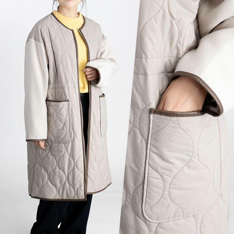 【送料無料】 キルティング× ウール調コート 3色 中わた 長袖 レディース アウター コート 裏地あり キルト ウールライク 配色 中綿 防寒 秋冬春 |  | 07