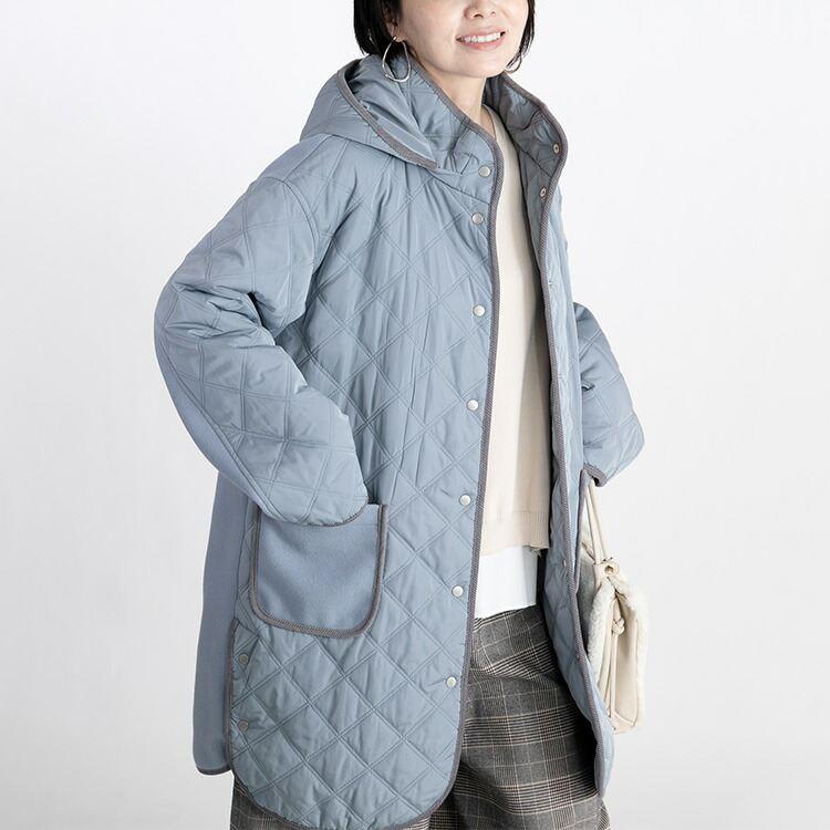 【送料無料】 中綿キルト×ウール調コート 5色 M-LL 防寒 裏地付 フード取外し可 レディース アウター コート ハイネック 長袖 保温性 異素材 ナチュラル |  | 10