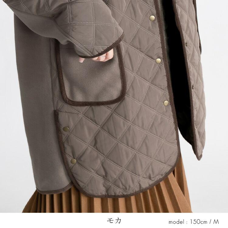 【送料無料】 中綿キルト×ウール調コート 5色 M-LL 防寒 裏地付 フード取外し可 レディース アウター コート ハイネック 長袖 保温性 異素材 ナチュラル |  | 11