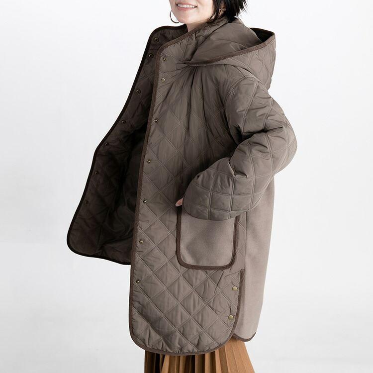 【送料無料】 中綿キルト×ウール調コート 5色 M-LL 防寒 裏地付 フード取外し可 レディース アウター コート ハイネック 長袖 保温性 異素材 ナチュラル |  | 12