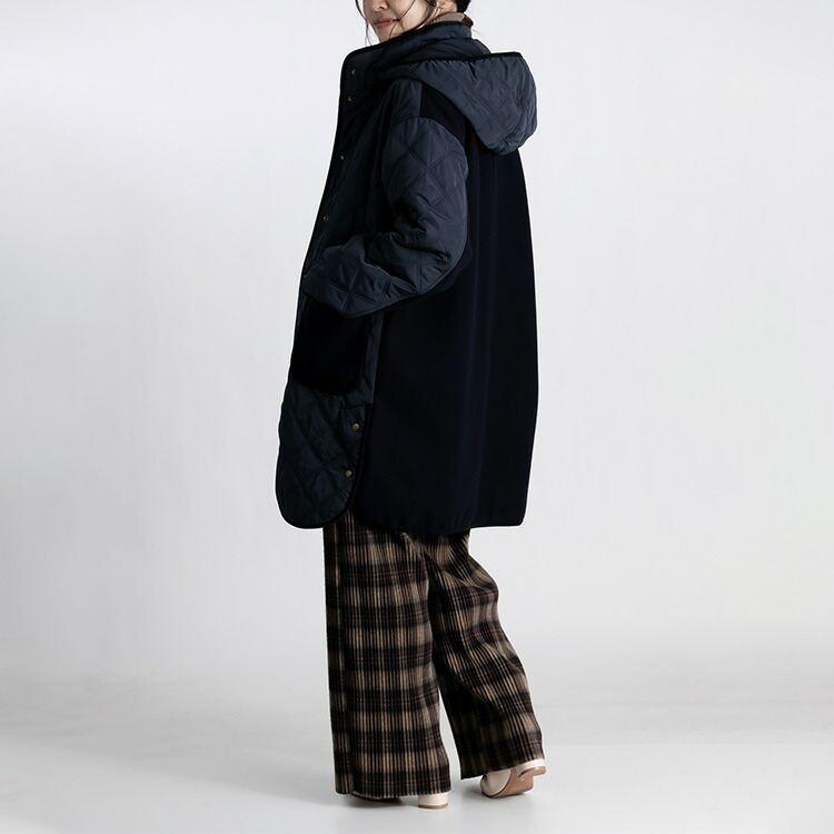 【送料無料】 中綿キルト×ウール調コート 5色 M-LL 防寒 裏地付 フード取外し可 レディース アウター コート ハイネック 長袖 保温性 異素材 ナチュラル |  | 14