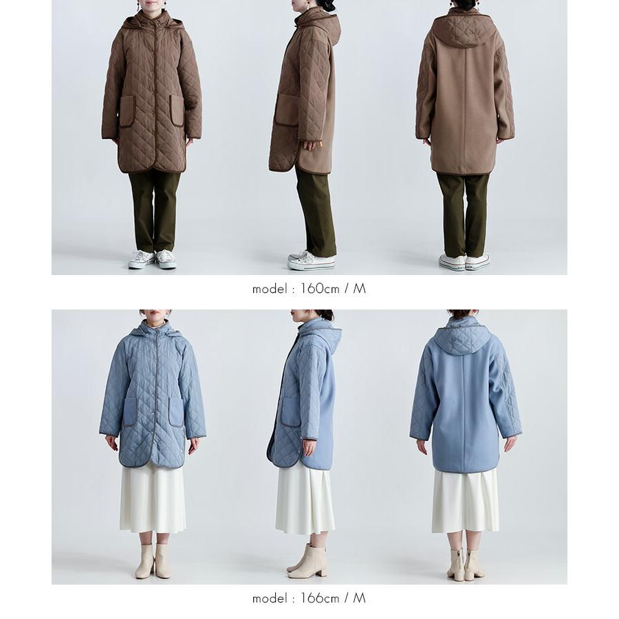 【送料無料】中綿キルト×ウール調コート 5色 M-LL 防寒 裏地付 フード取外し可 レディース アウター コート ハイネック 長袖 保温性 異素材 ナチュラル |  | 17