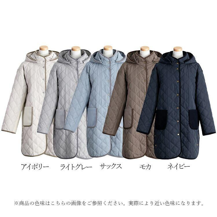 【送料無料】 中綿キルト×ウール調コート 5色 M-LL 防寒 裏地付 フード取外し可 レディース アウター コート ハイネック 長袖 保温性 異素材 ナチュラル |  | 19