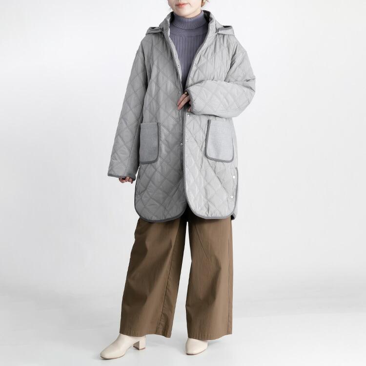 【送料無料】中綿キルト×ウール調コート 5色 M-LL 防寒 裏地付 フード取外し可 レディース アウター コート ハイネック 長袖 保温性 異素材 ナチュラル |  | 08