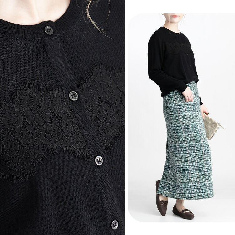 【送料無料/再入荷】 レース使いウール100％カーディガン 4色 洗える  トップス ニット カーディガン カットソー レディース ウール |  | 14