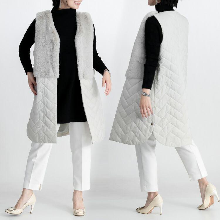 【送料無料】 エコファー×中綿ベスト 3色 レディース トップス ロング丈 ベスト ロングベスト エコファー キルト Iライン 上品 エレガント 艶 |  | 10