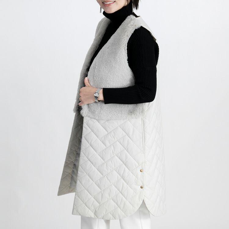 【送料無料】 エコファー×中綿ベスト 3色 レディース トップス ロング丈 ベスト ロングベスト エコファー キルト Iライン 上品 エレガント 艶 |  | 11